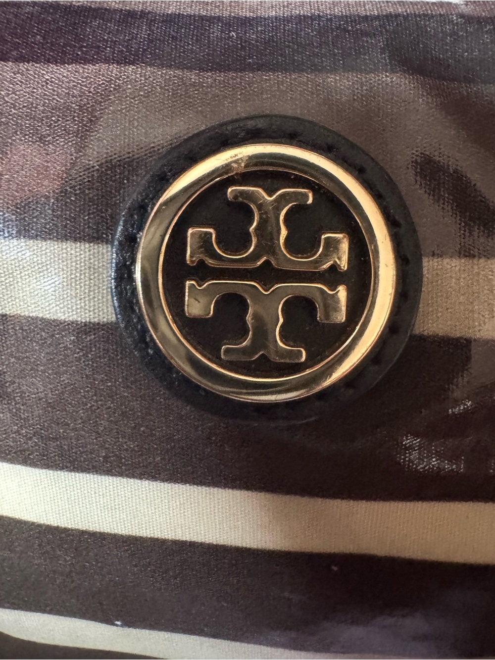 Tory Burch Brown and Cream Striped Cosmetic Pouch with Logo Medallion - Picture 8 of 10